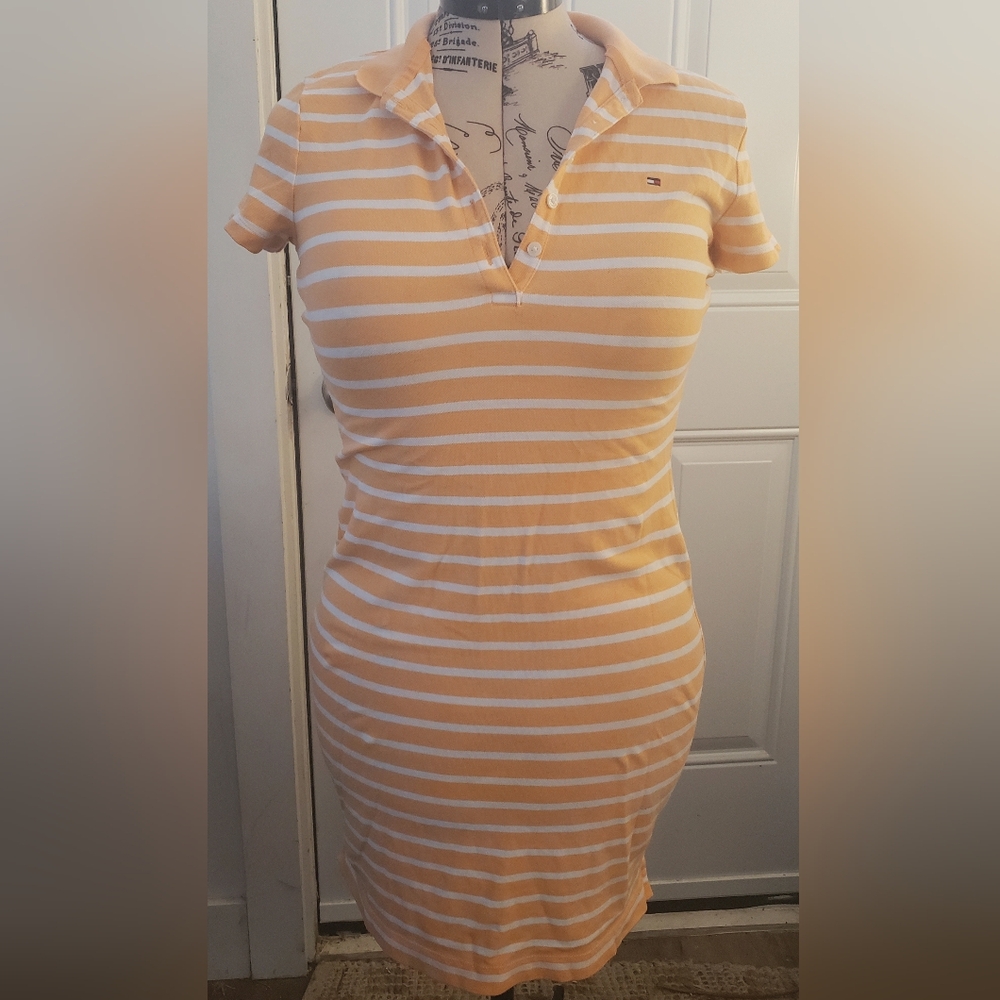 Cute Tommy Hilfiger Polo Style Dress / Peach & White Colour / Size Small